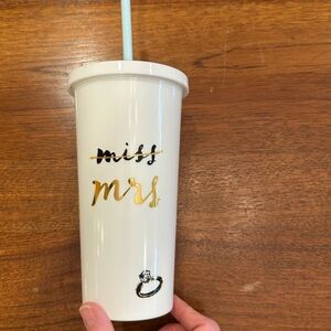 Kate Spade White Tumbler with Gold Script and Blue Straw